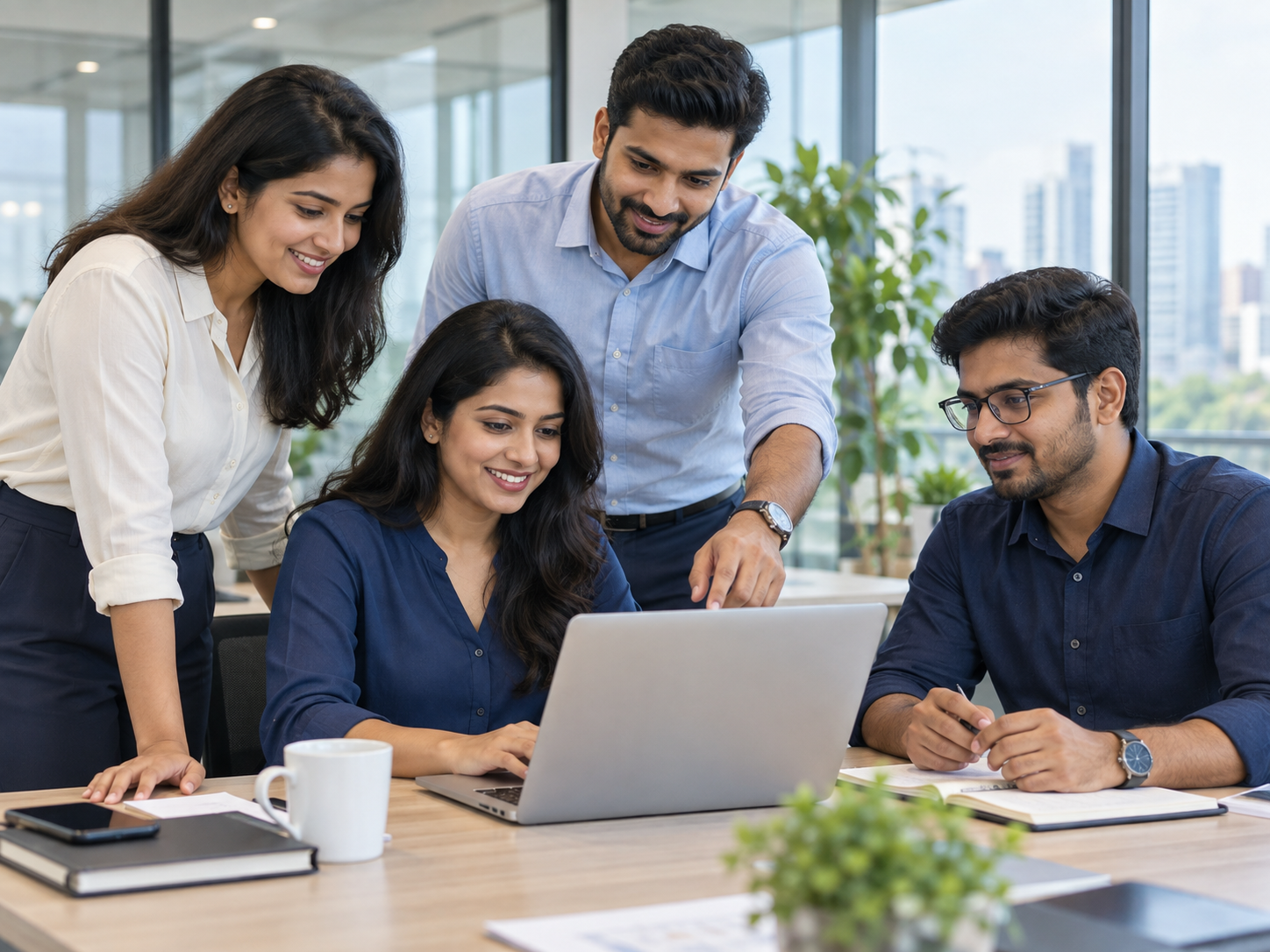 Four colleagues collaborating around a laptop in a bright office.